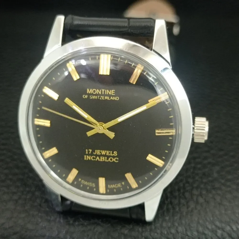 Vintage 1976 Montine Of Switzerland Manual Mens Silver Watch W/Leather Strap